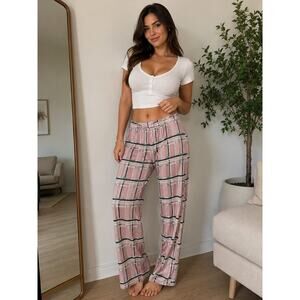 Stacy London Pink Plaid Wide Leg Pull On Pants Women’s Size M Casual Chic